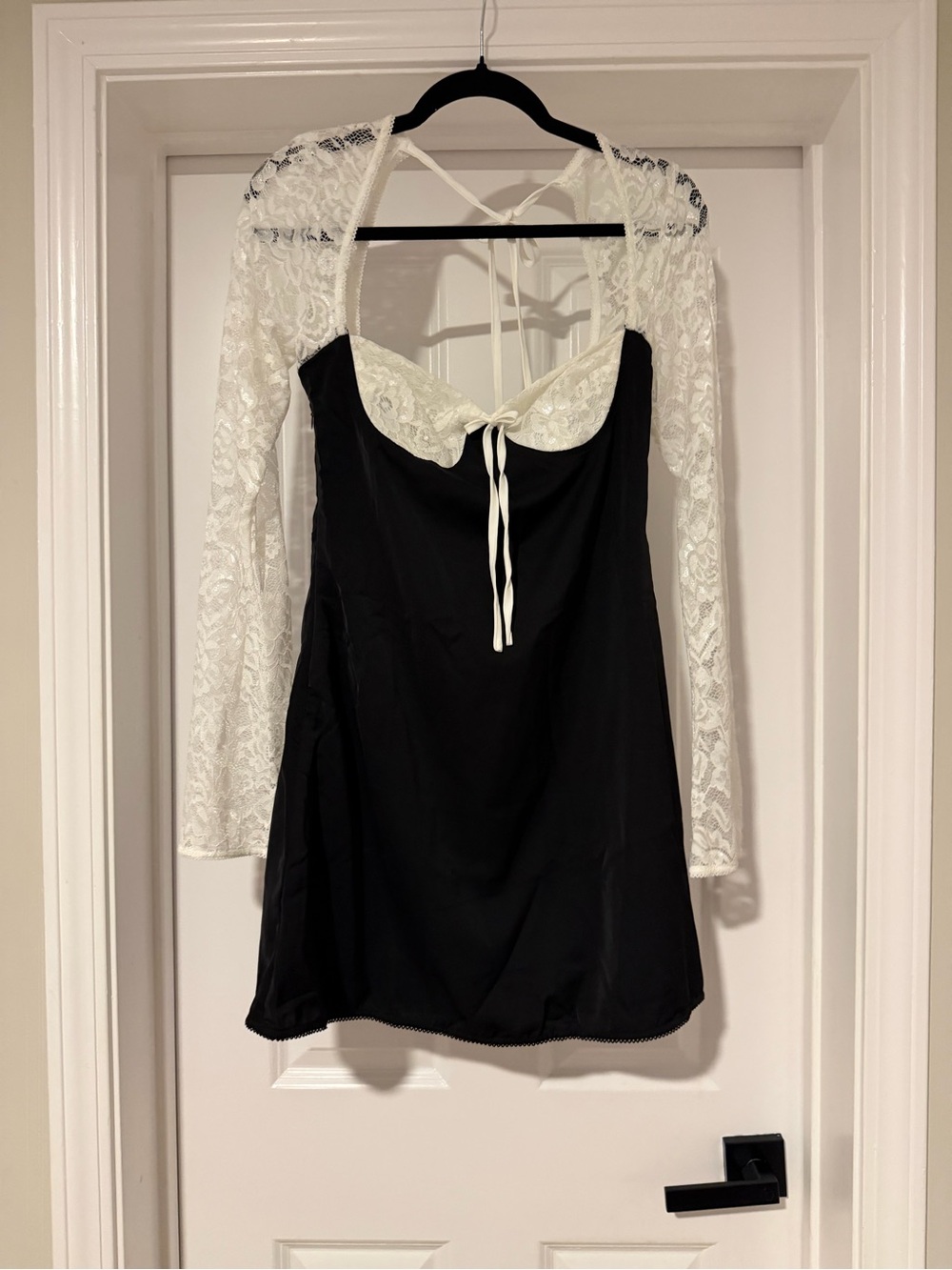 Black Slip Dress with Cream Lace Bodice and Sleeves